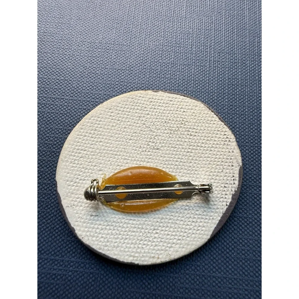 Vintage Mid Century Abstract Modernist Round Enamel on Fiber Brooch Pin